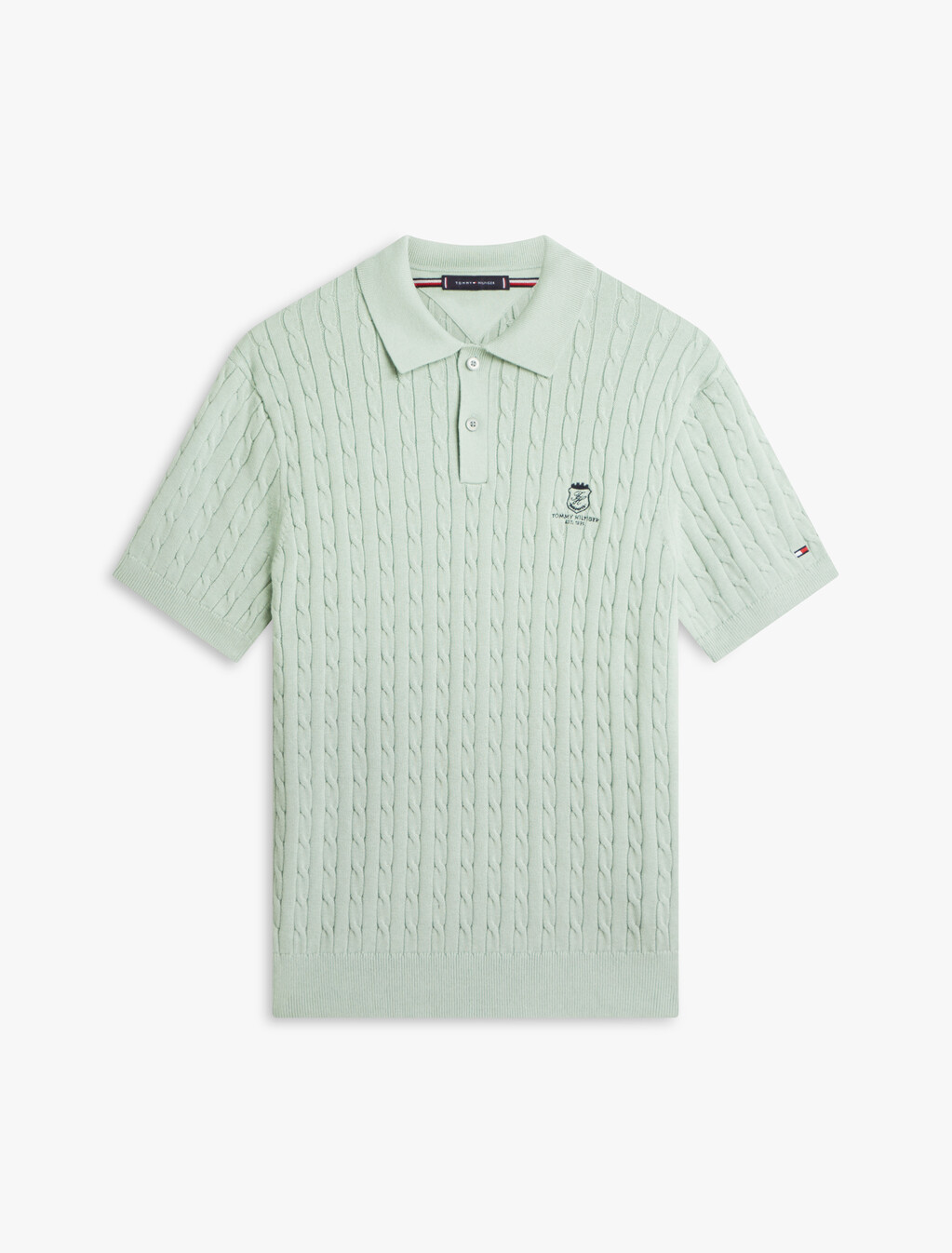 Regular Fit Embroidery Cable Knit Polo Shirt, Minty Grey, hi-res