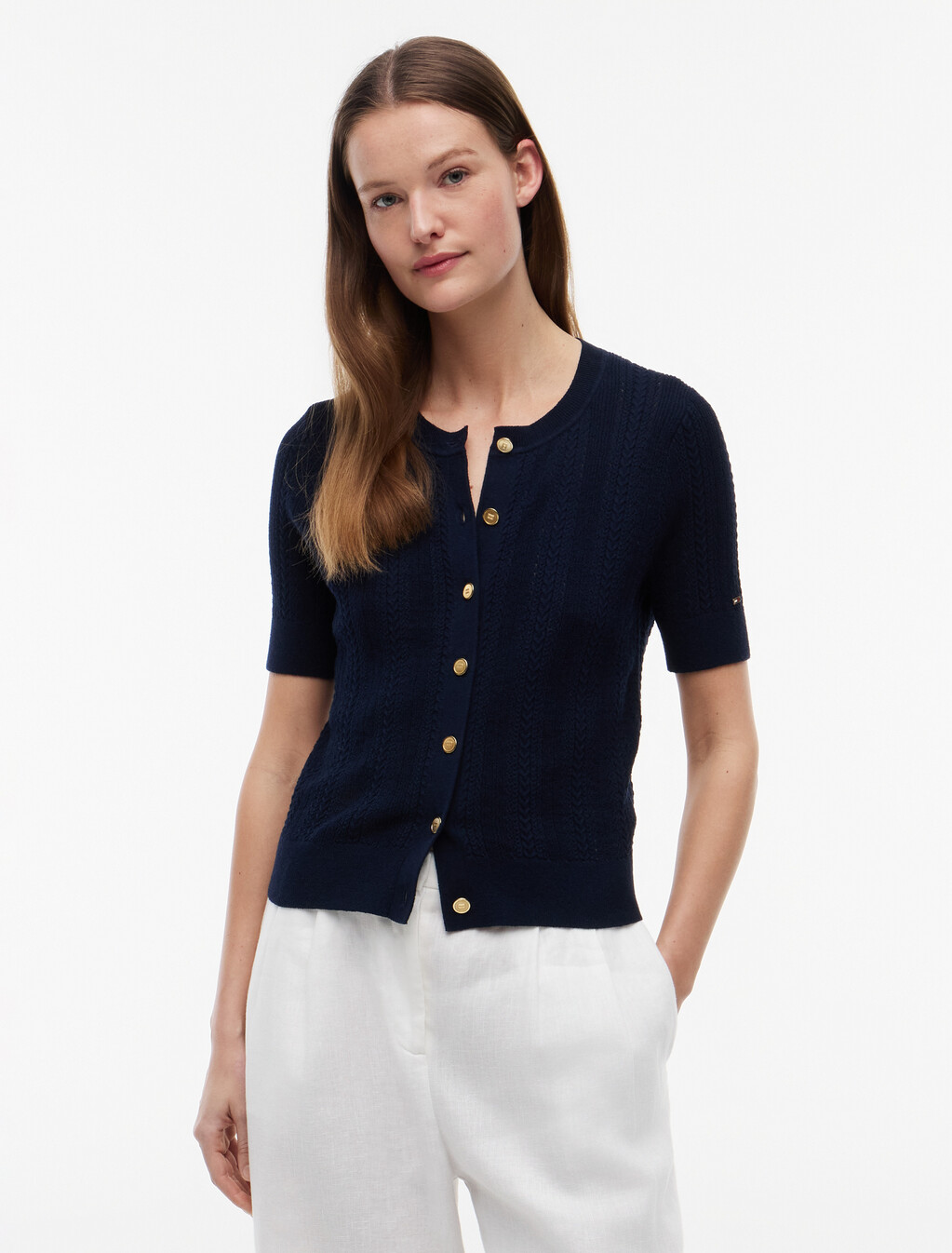 Pointelle Gold-Tone Button Short Sleeve Cardigan, Dark Night Navy, hi-res