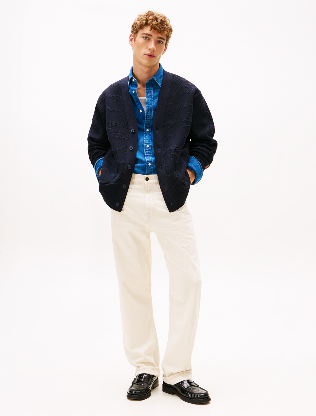 Jacquard V Neck Cardigan, Desert Sky, hi-res