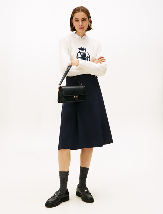 Gold-Tone Button A-Line Midi Skirt