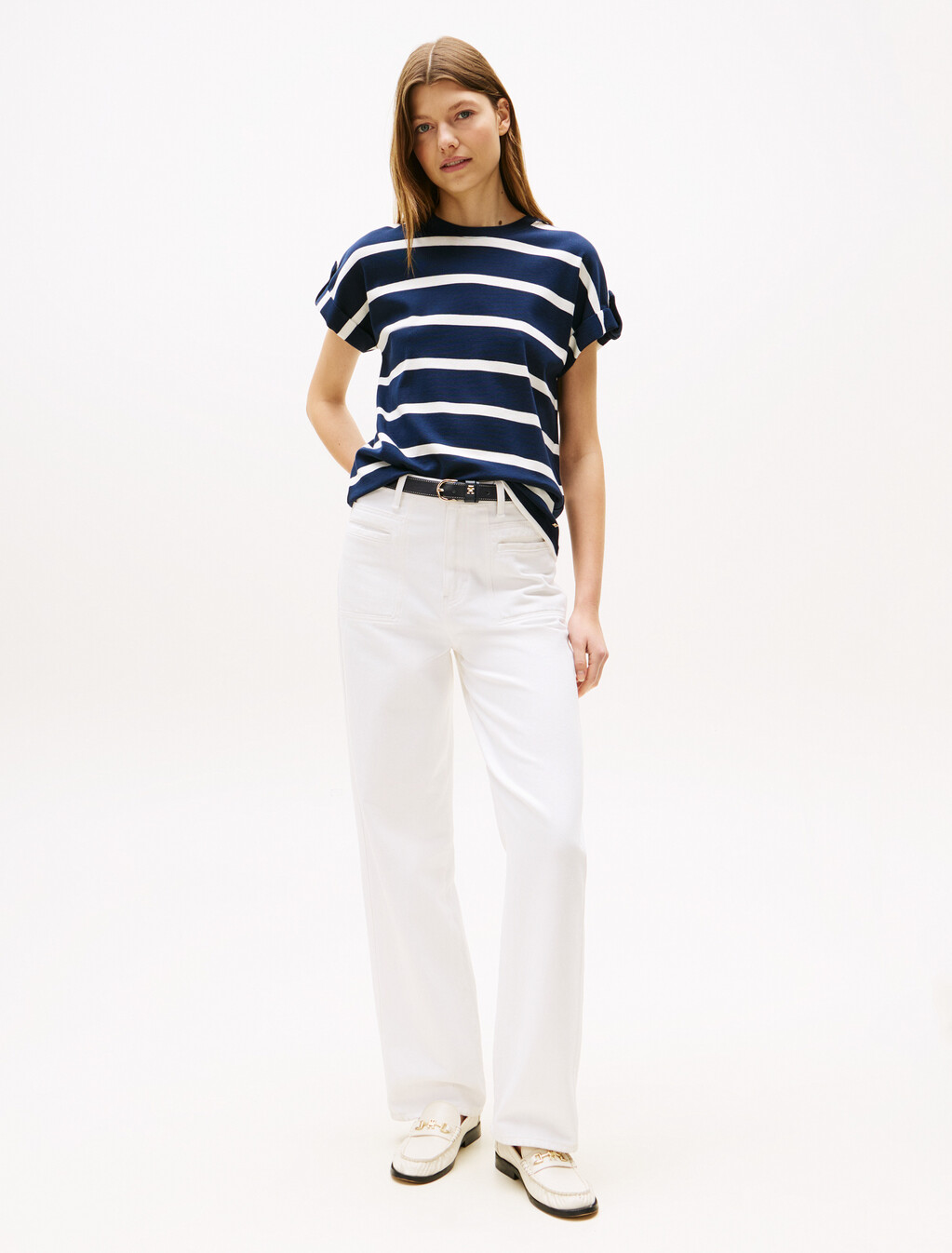 Roll Tab Sleeve T-Shirt, Dark Night Navy/Ivory Silk Stp, hi-res