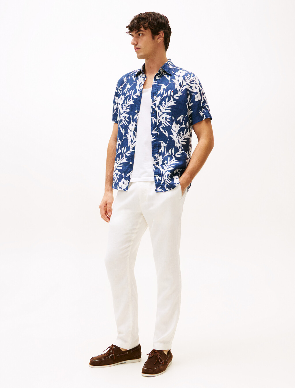 Tropical Print Pure Linen Shirt, Night Sky / Ivory Silk, hi-res