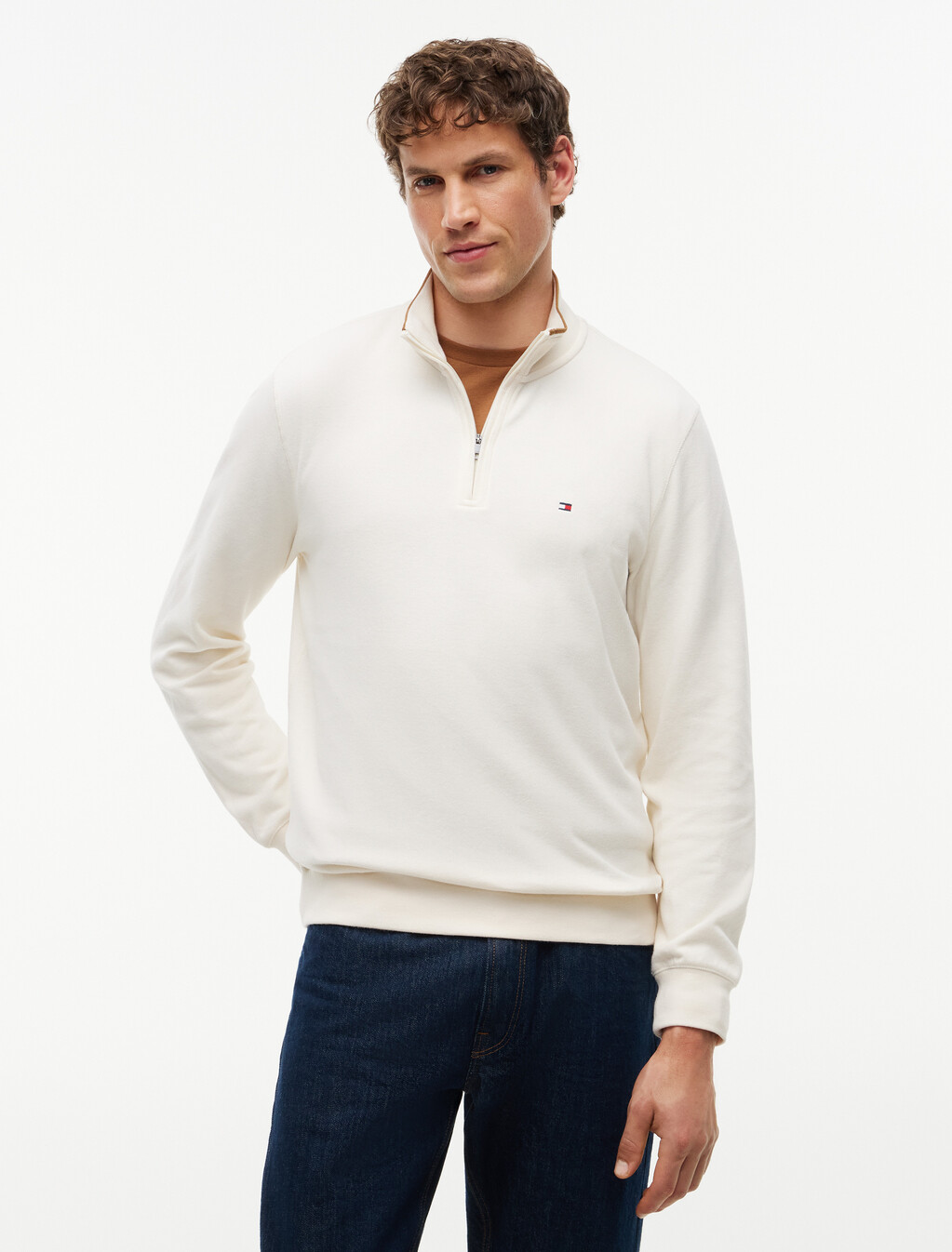 French Rib Knit 1/4 Zip Sweater, Ivory Petal, hi-res