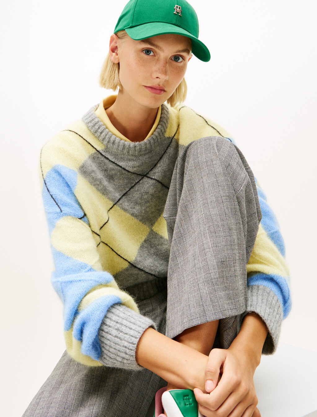 Argyle Oversized Alpaca Blend Jumper, Light Grey Htr/Yellow/Blue Argyle, hi-res