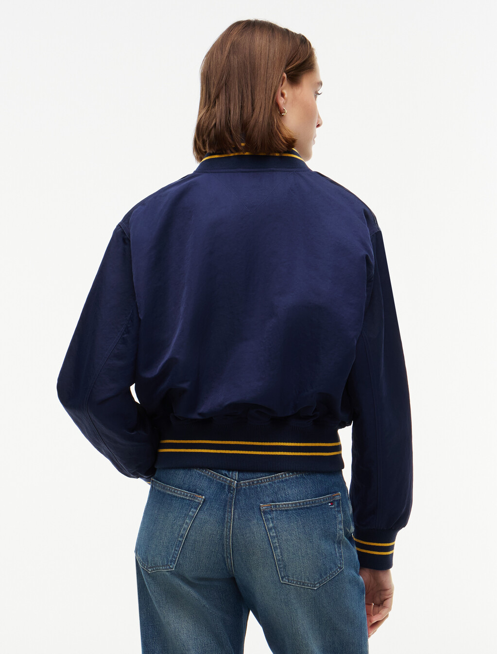Arch Logo Satin Relaxed Varsity Jacket, Dark Blue, hi-res