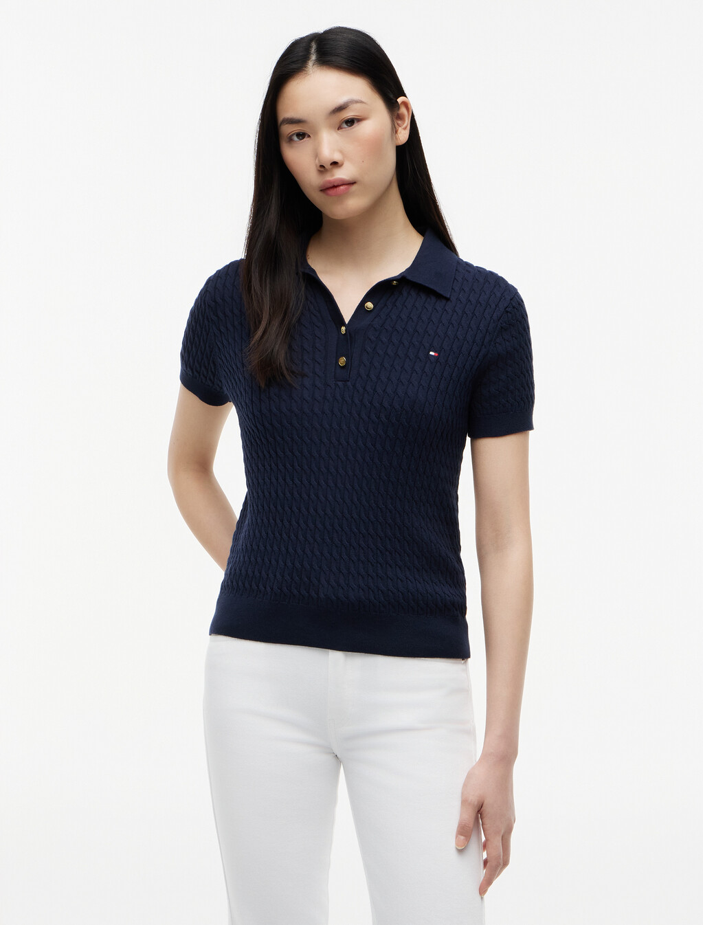 Fine Gauge Cable Knit Polo  Short Sleeve Jumper, Dark Night Navy, hi-res