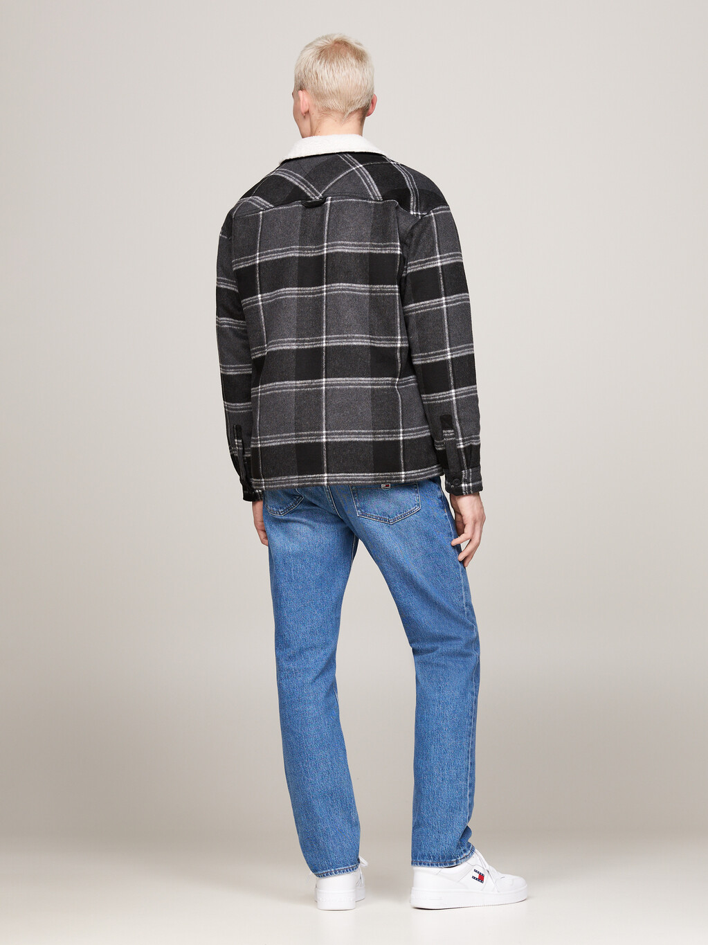 Sherpa Collar Check Casual Overshirt, Black Check, hi-res