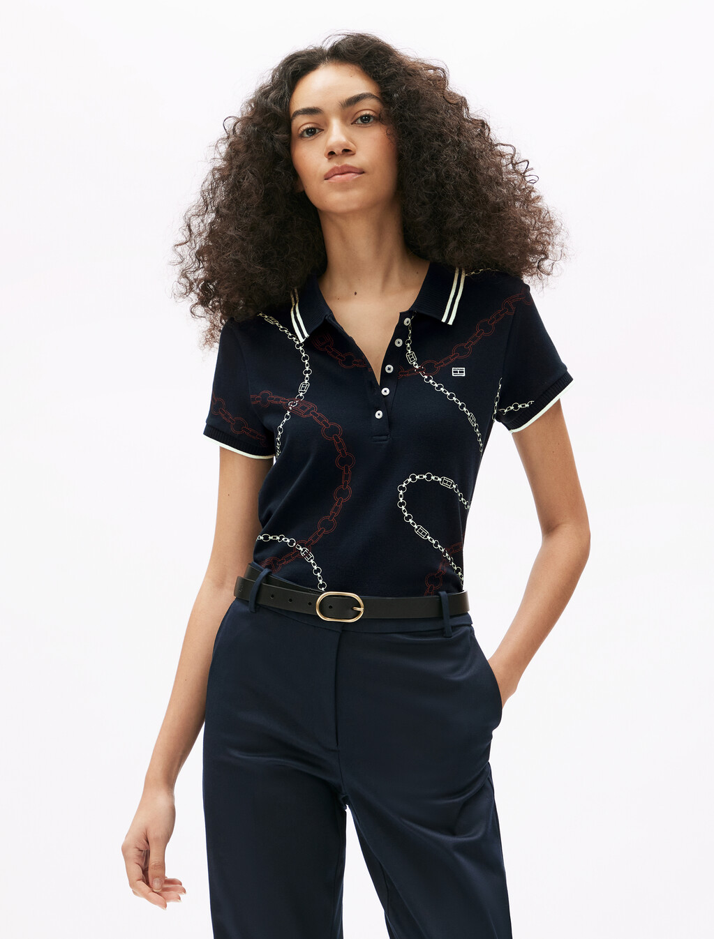 Asia Fit Slim Polo Shirt, Flag Chain Wavy/ Navy, hi-res