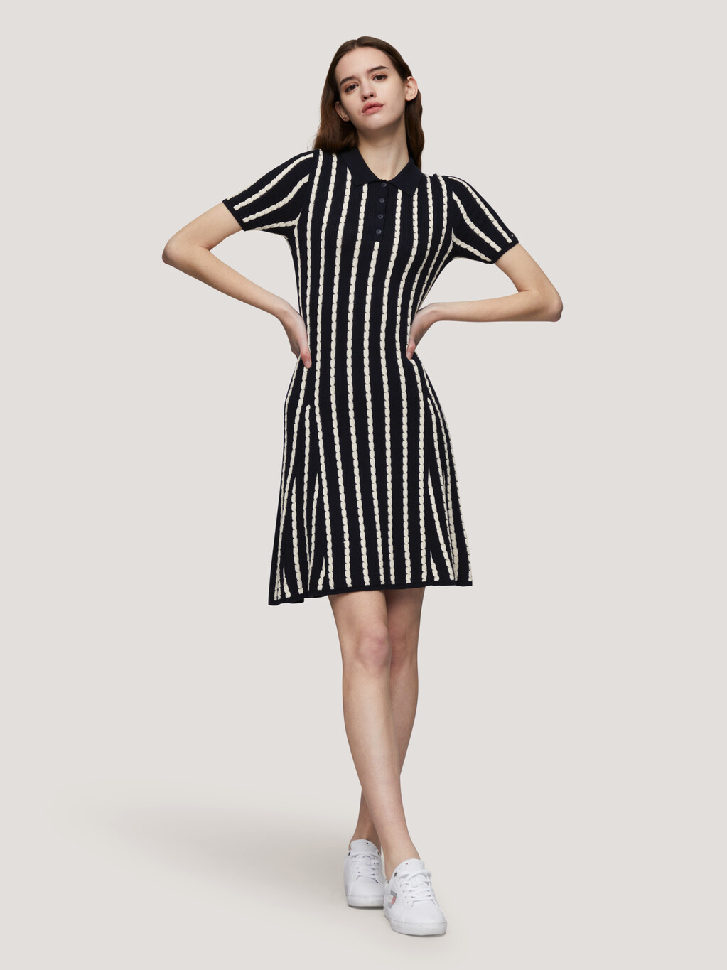 Stripe Cable Knit Polo Dress, Vertical Stp Desert Sky/ Calico, hi-res