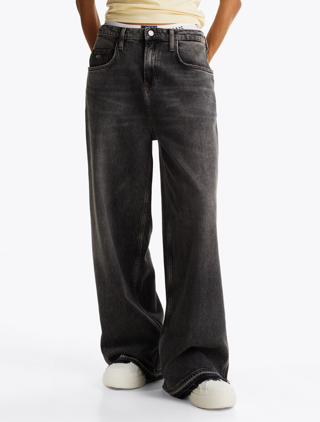 Charlie Frayed Mid Rise Wide Jeans, Denim Black, hi-res