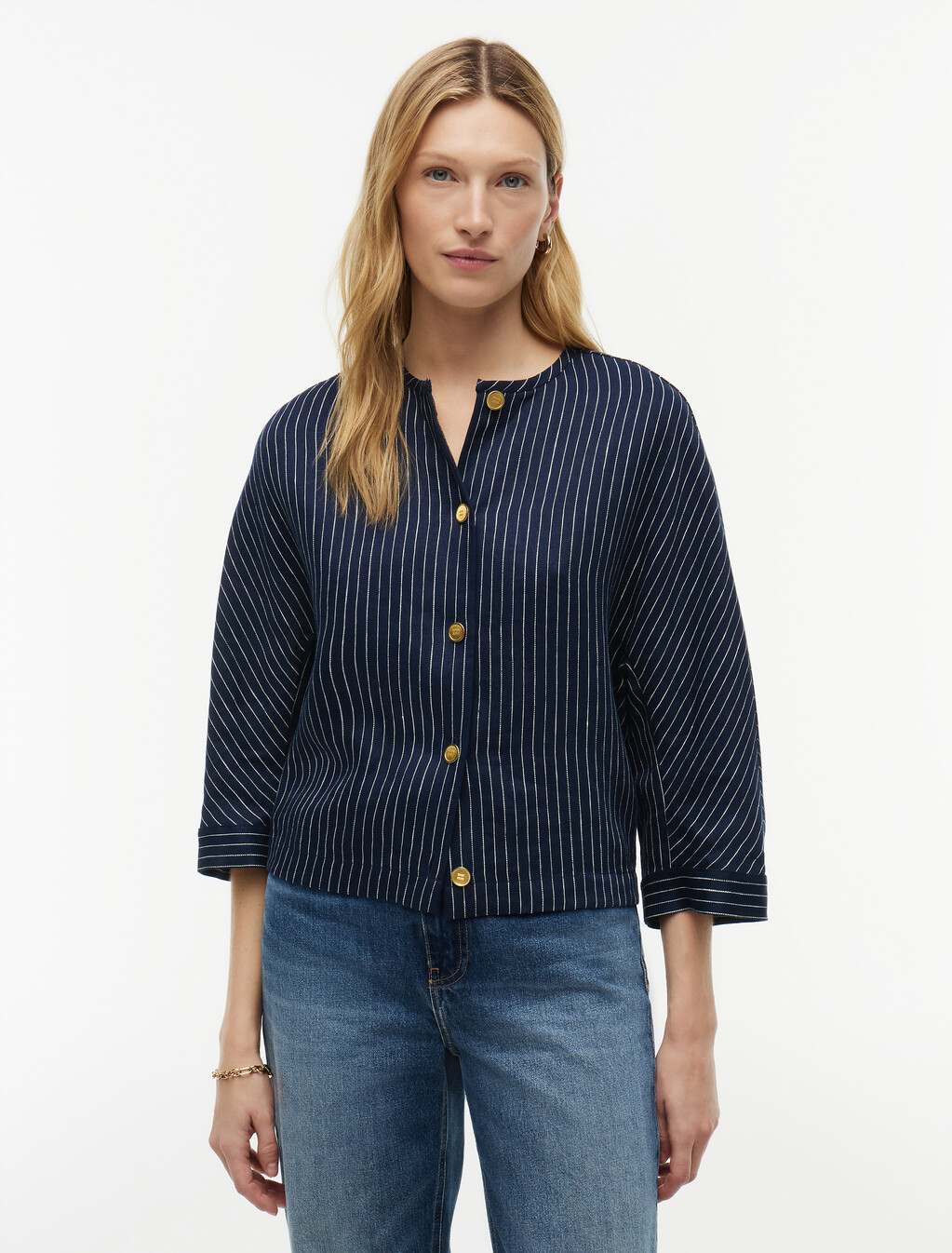 Relaxed Gold-Tone Button Pinstripe Blouse, Pin Stripe Navy, hi-res