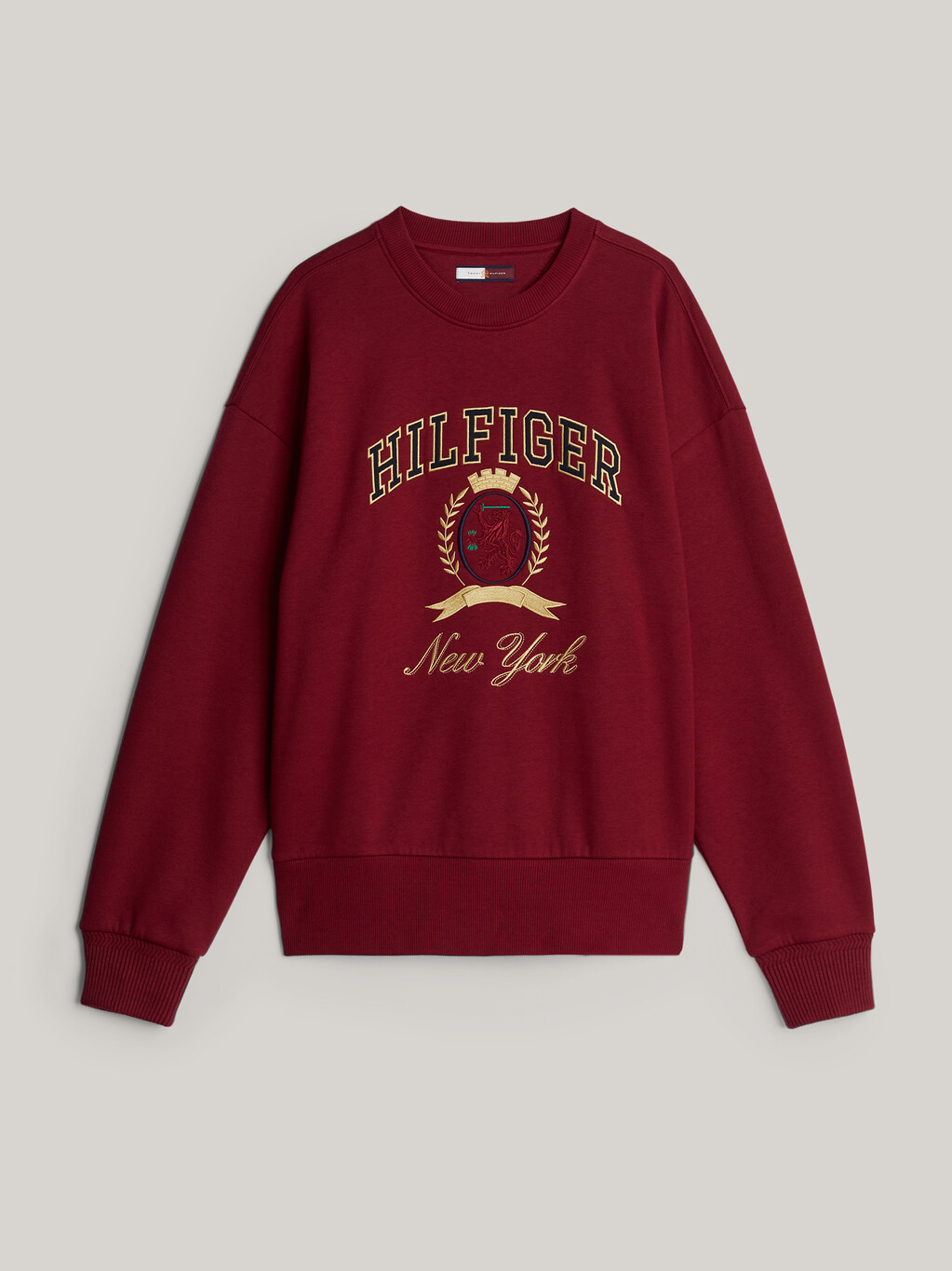 Crest Embroidery Crew Neck Sweatshirt, Rouge, hi-res