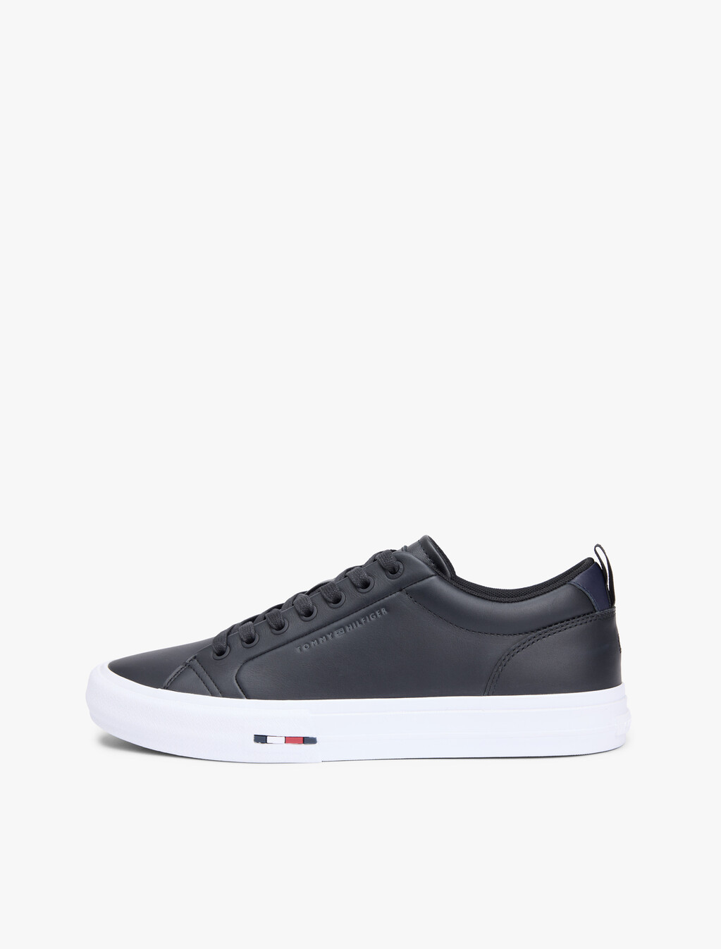 Contrast Midsole Debossed Leather Trainers, Black, hi-res
