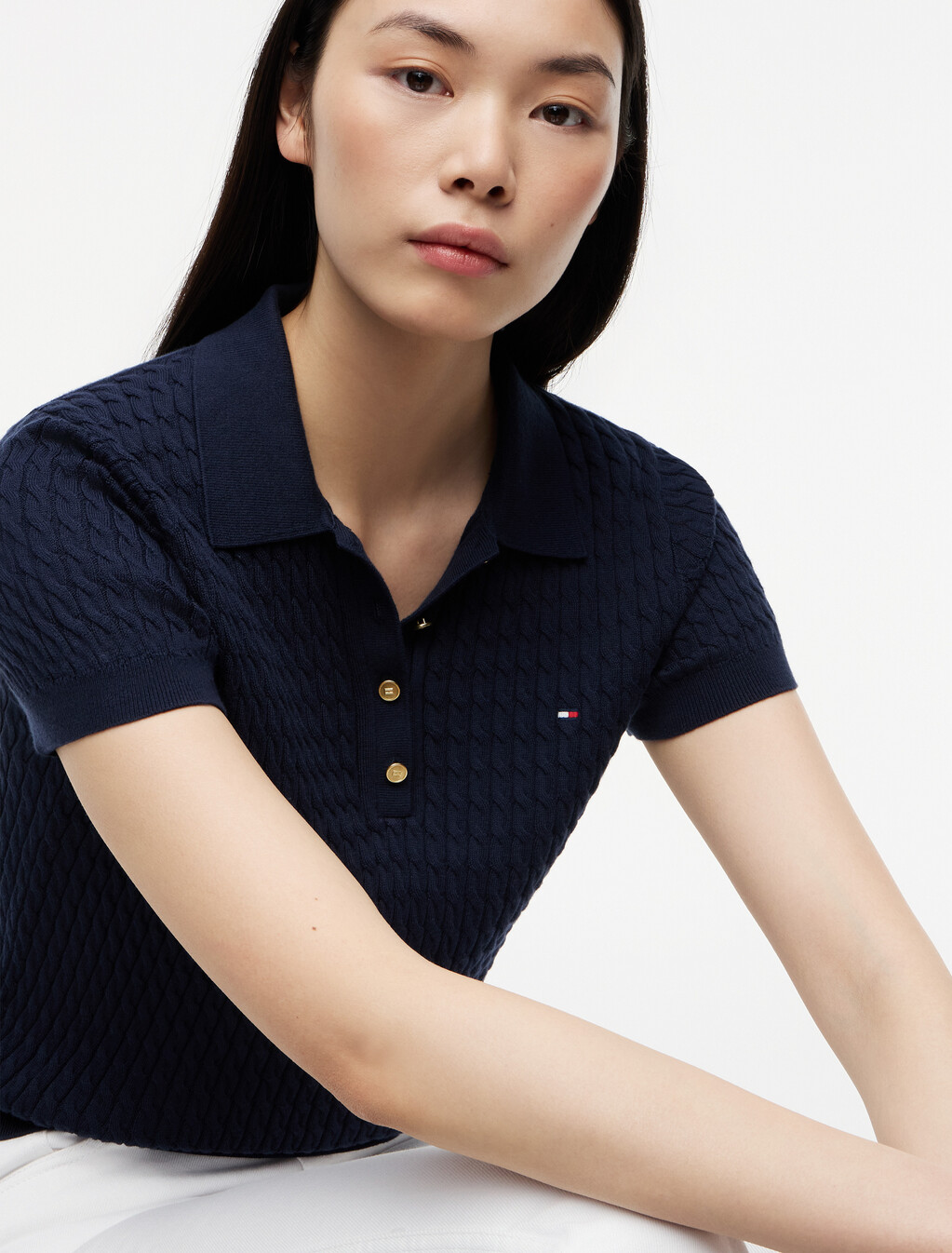 Fine Gauge Cable Knit Polo  Short Sleeve Jumper, Dark Night Navy, hi-res
