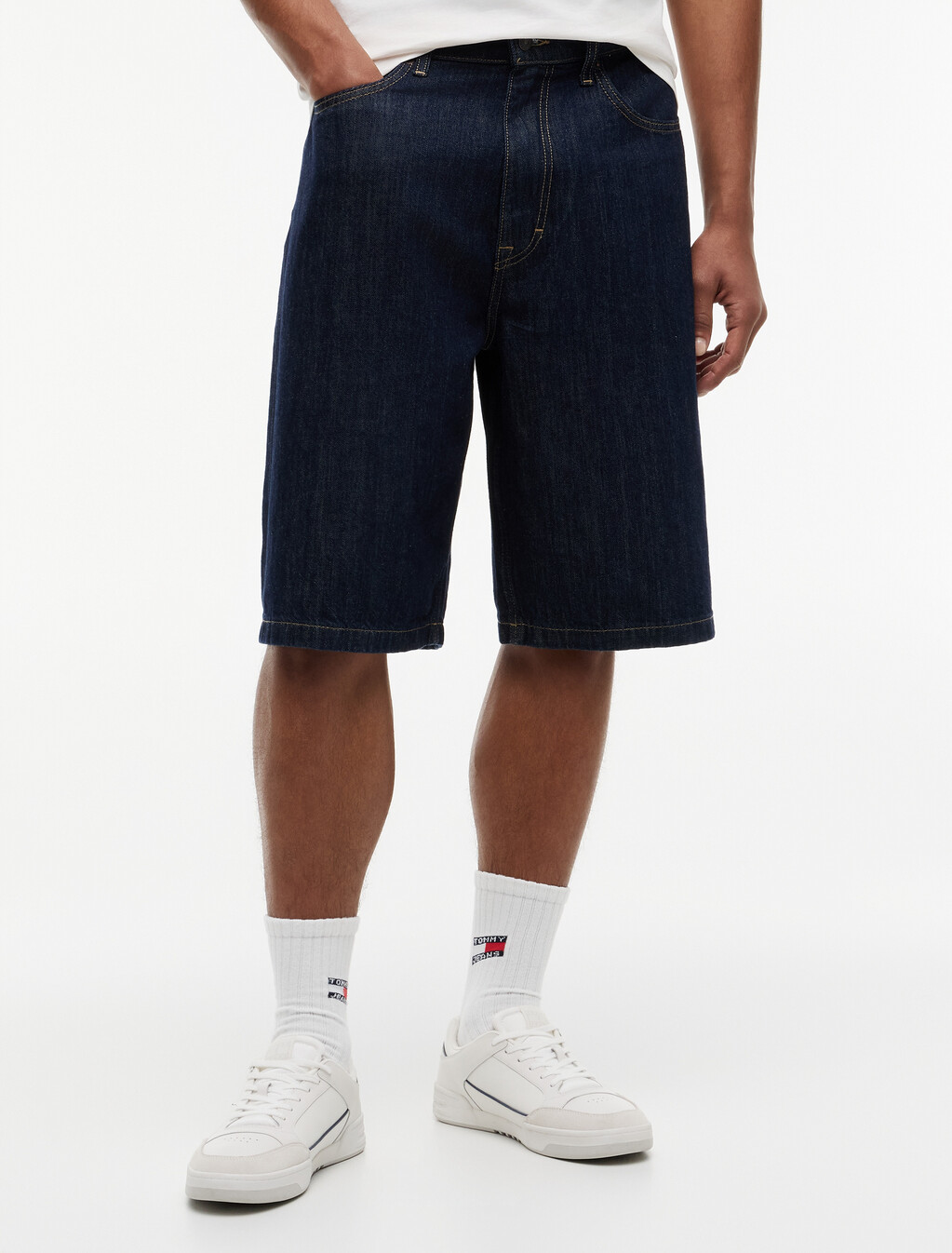 Theo Loose Denim Shorts With Linen, Denim Dark, hi-res