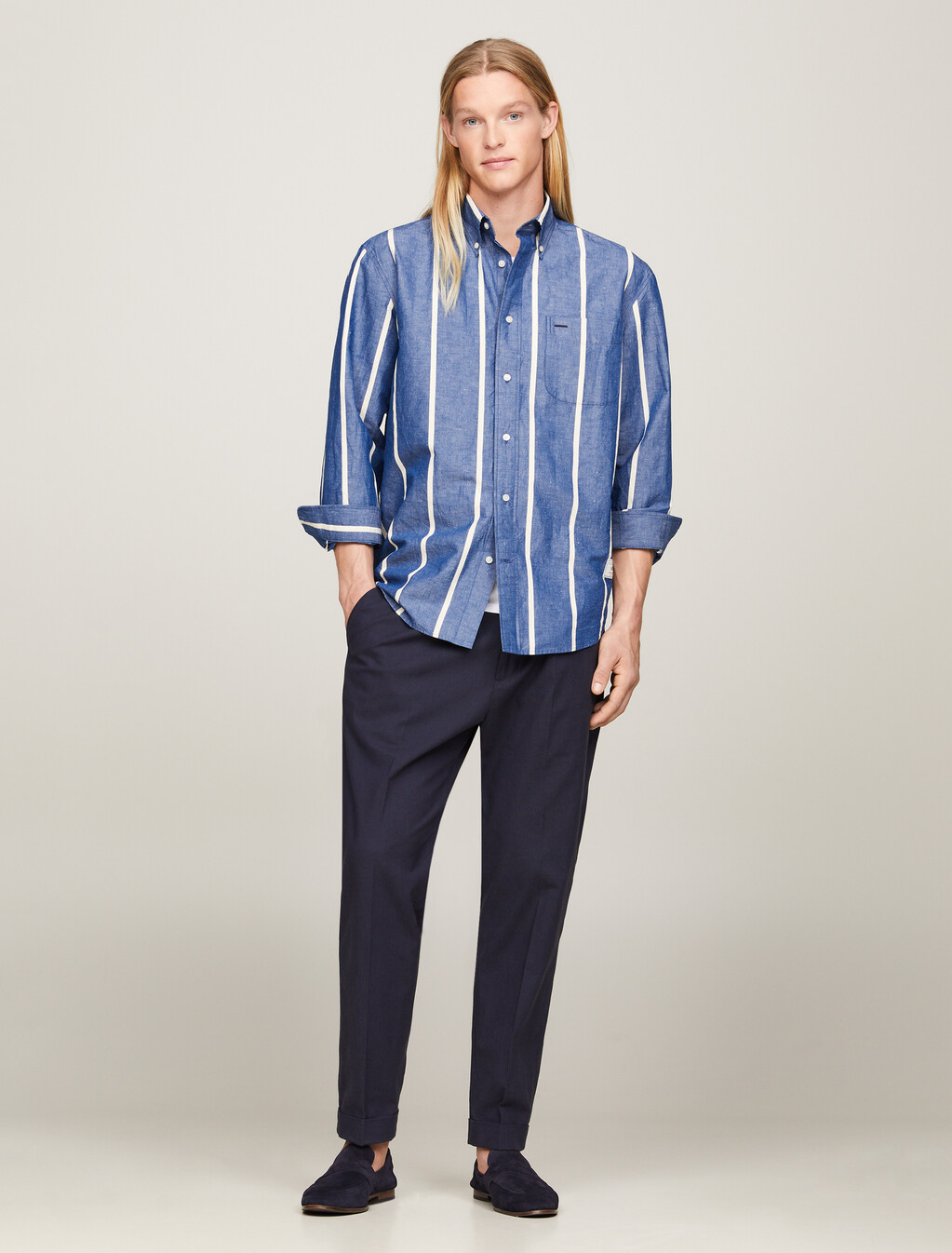 Vertical Stripe Regular Shirt, Anchor Blue / Calico, hi-res