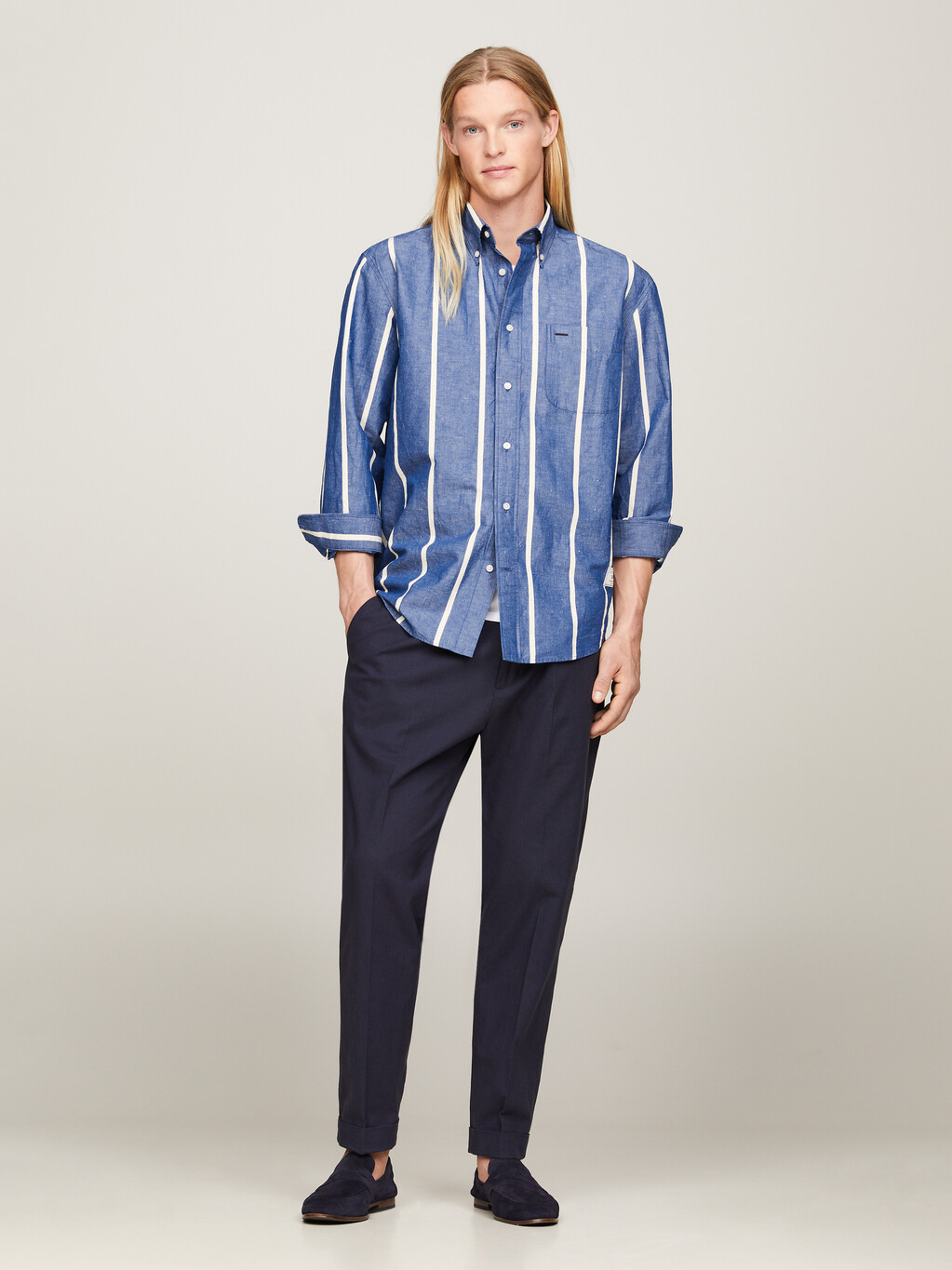 Vertical Stripe Regular Shirt, Anchor Blue / Calico, hi-res