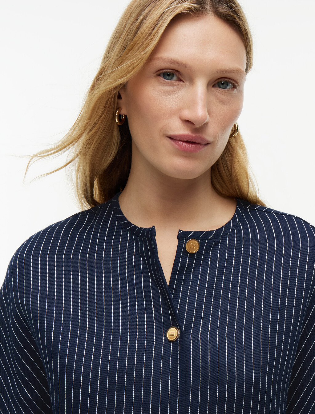 Relaxed Gold-Tone Button Pinstripe Blouse, Pin Stripe Navy, hi-res