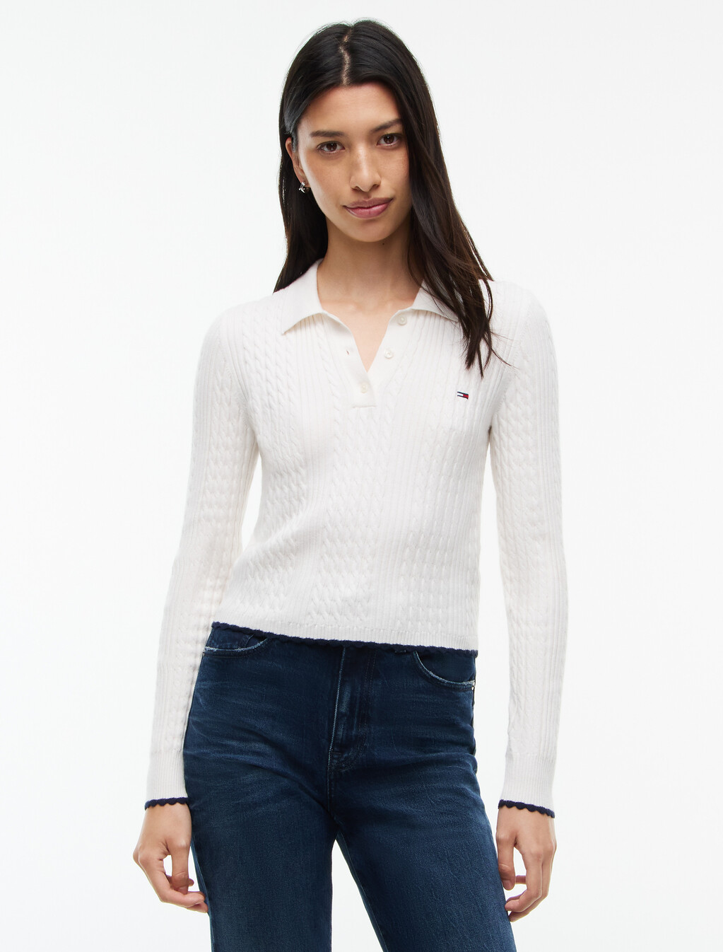 Micro Cable Knit Slim Polo Jumper, Off White, hi-res