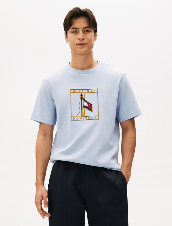 Flag Icon Embroidery Interlock T-Shirt, Breezy Blue Flag Icon Embroidery Interlock T-Shirt