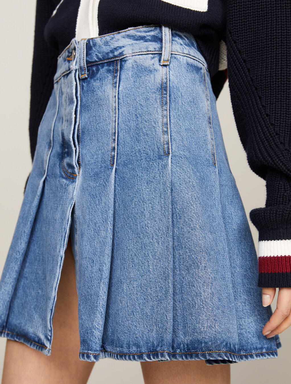 Pleated Denim Mini Skirt, Indigo, hi-res