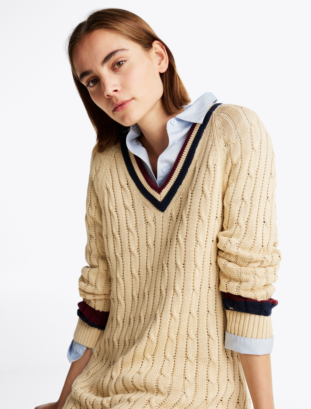 Varsity Cable Knit V Neck Sweater Dress, Country Ivory, hi-res
