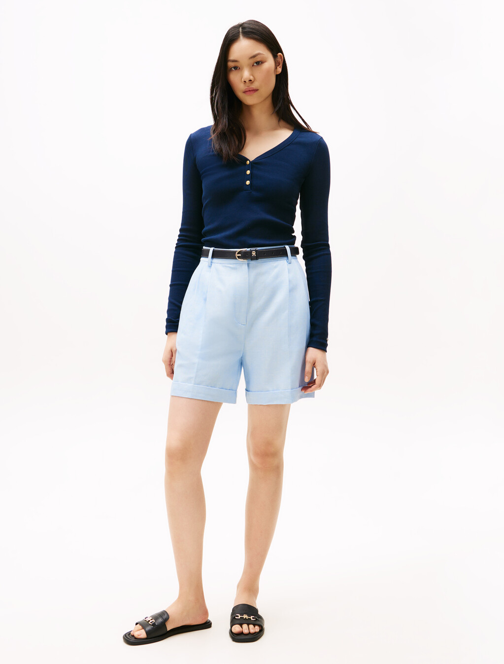 Linen Mix Pleated Shorts, Breezy Blue, hi-res