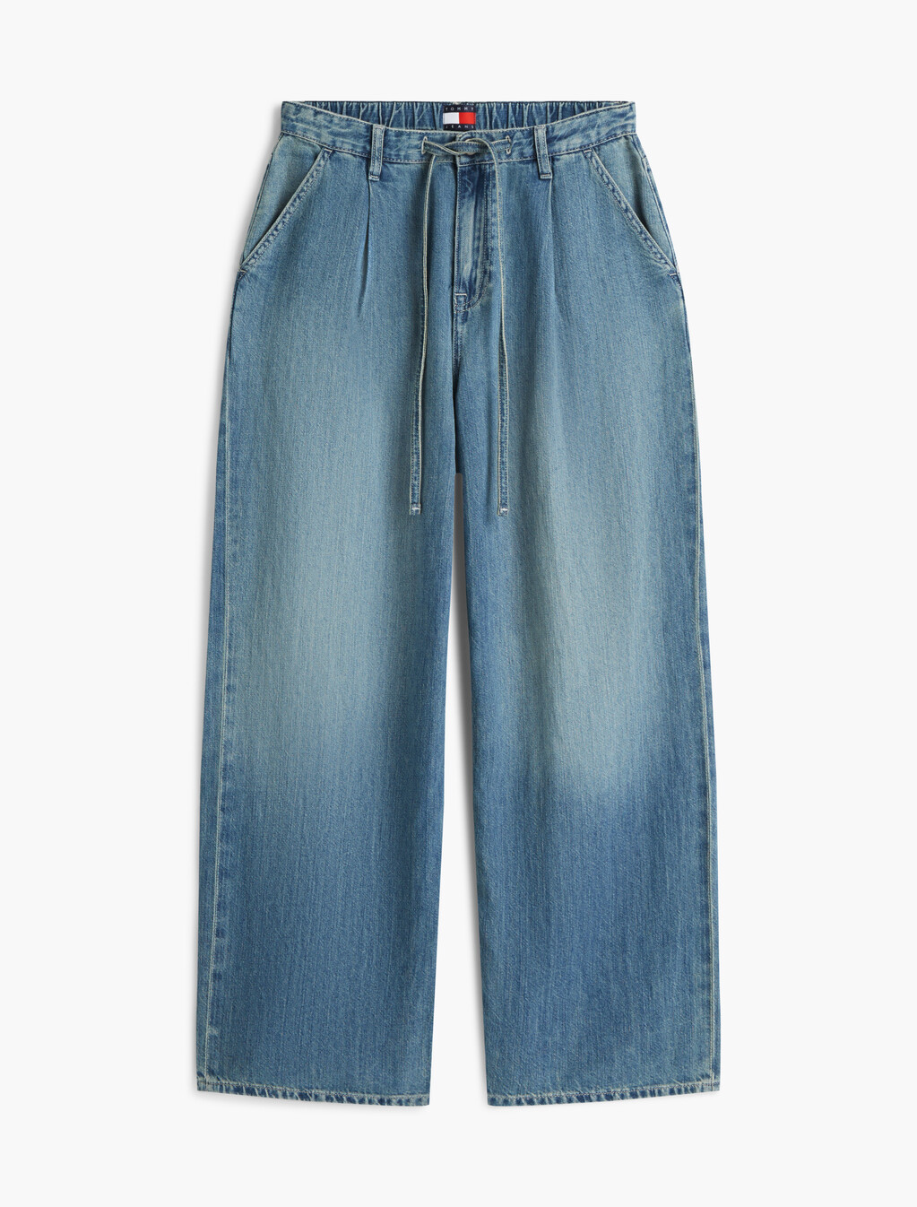 Drawstring Loose Wide Leg Jeans With Linen, Denim Medium, hi-res