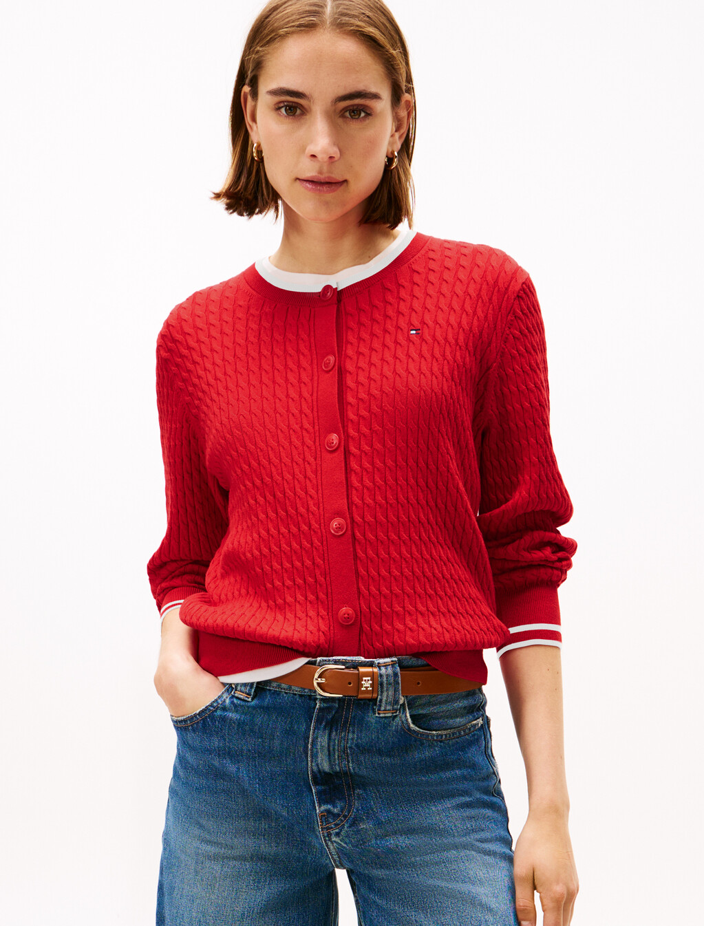 Cable Knit Crew Neck Cardigan, Primary Red, hi-res