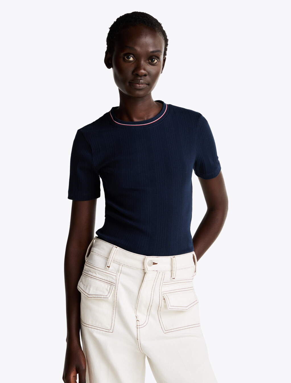 Rib-Knit Contrast Collar Slim T-Shirt, Dark Night Navy, hi-res