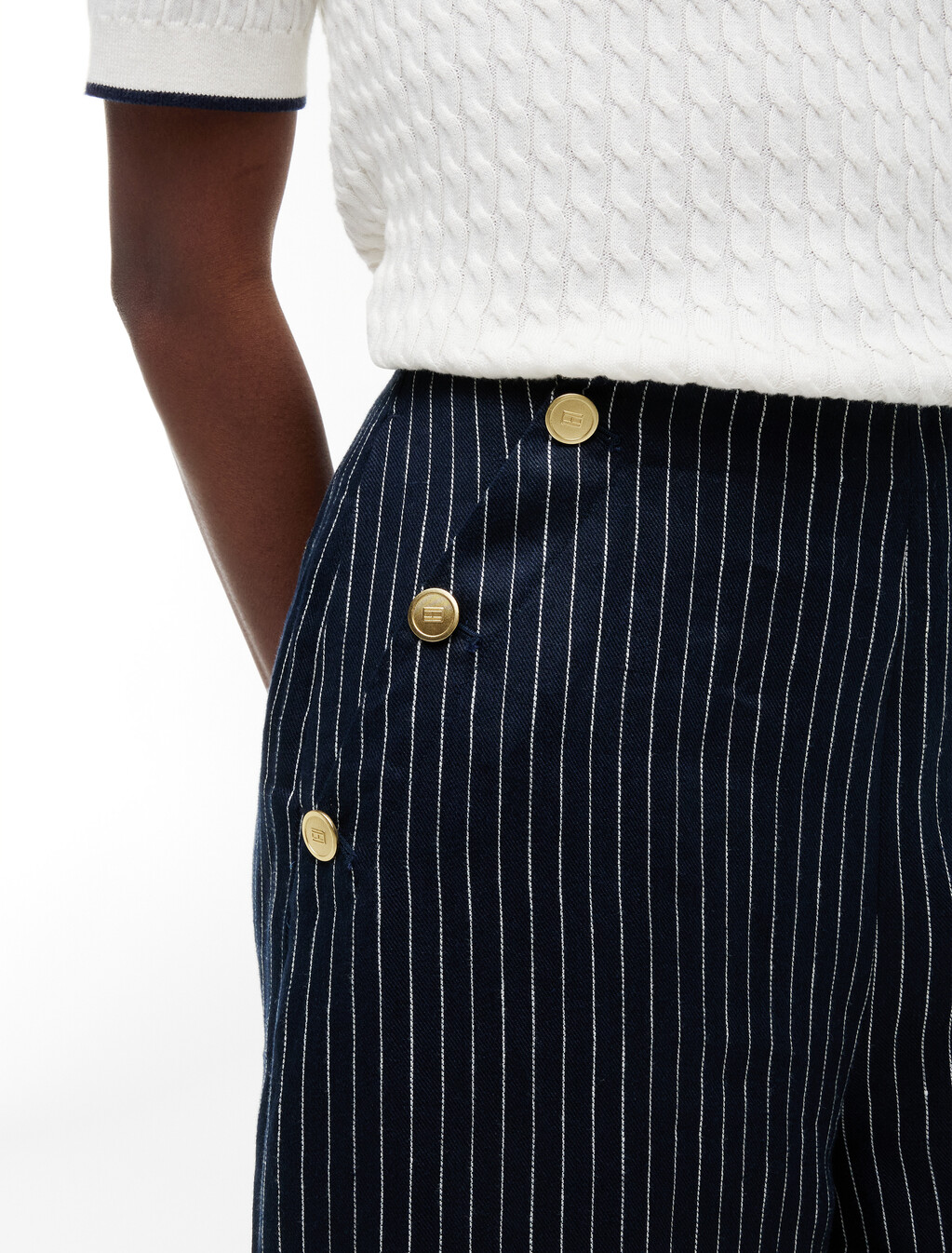 Pinstripe Gold-Tone Button Wide Leg Trousers With Linen, Pin Stripe Navy, hi-res