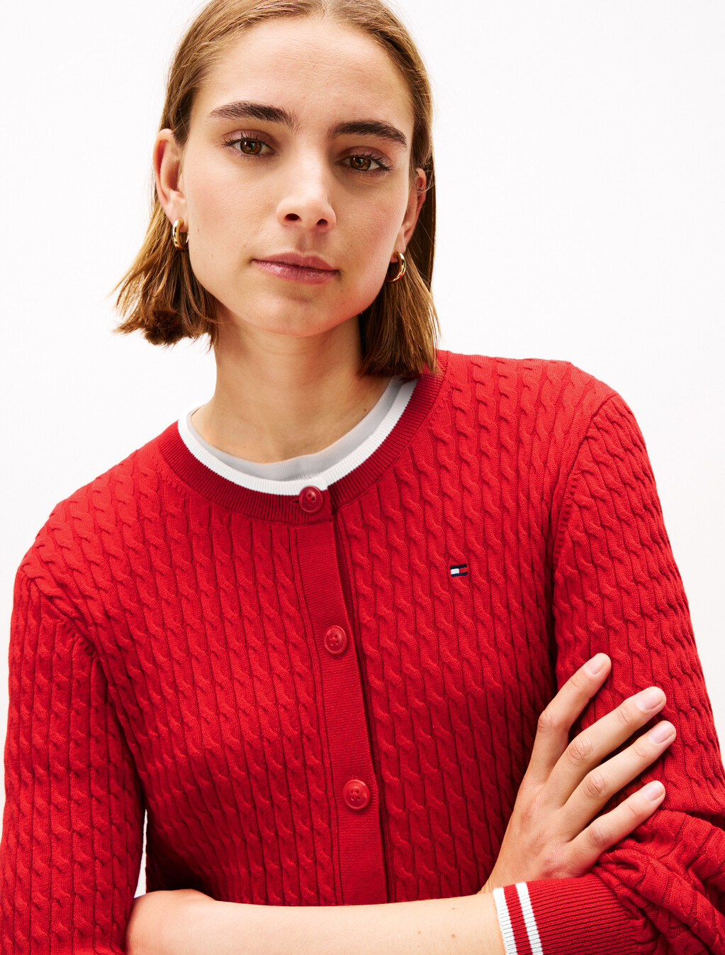 Cable Knit Crew Neck Cardigan, Primary Red, hi-res