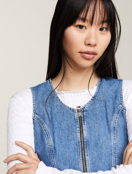 Belted Zip-Thru Denim Bodycon Dress