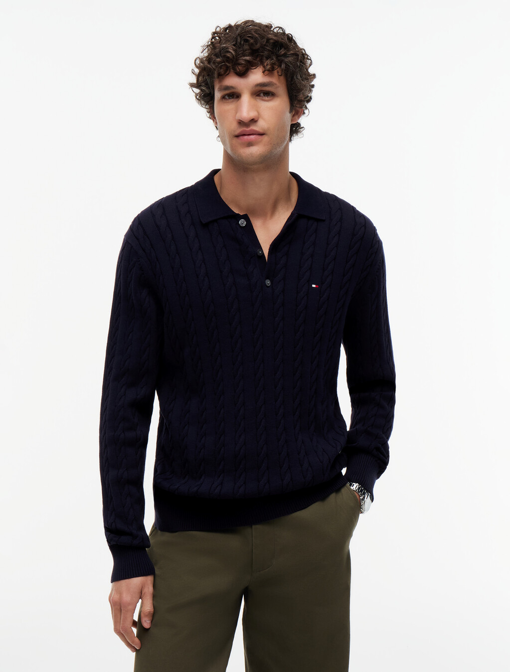 Cable Knit Polo Jumper, Desert Sky, hi-res