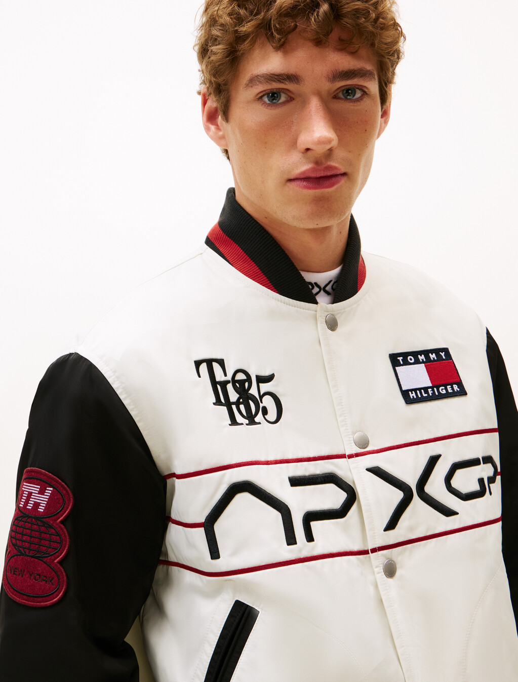 The APXGP Collection Satin Boxy Varsity Jacket, White/Red/Black, hi-res
