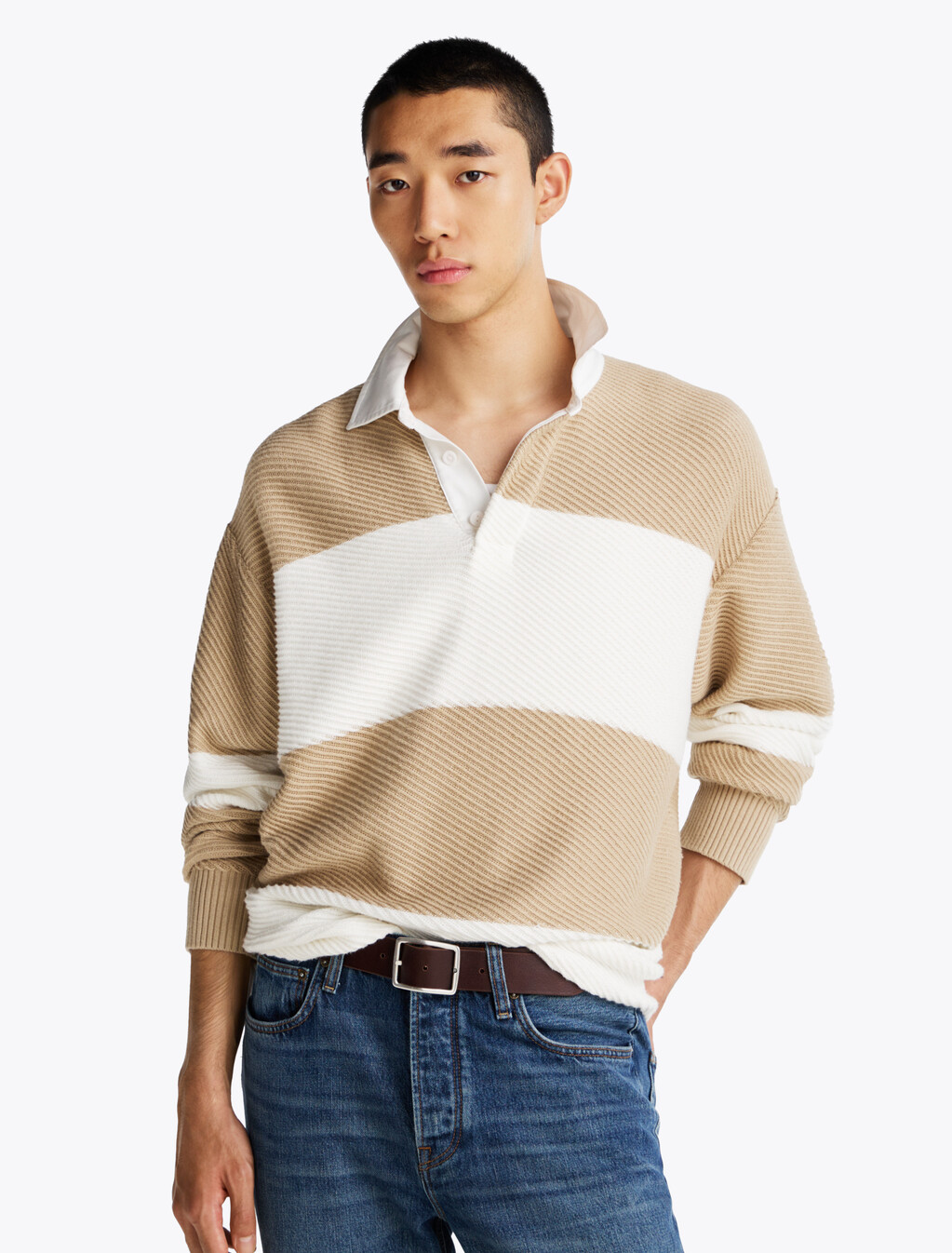 Rugby Jumper With Cashmere, Sandalwood/ Ivory Stripe, hi-res