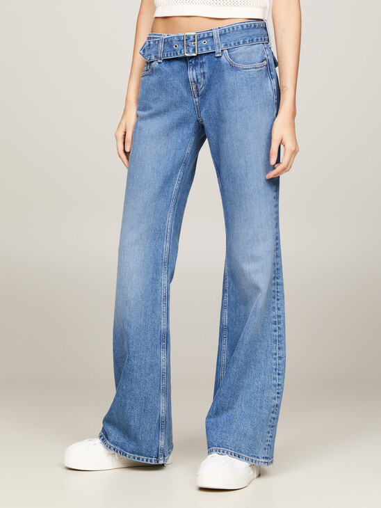 Sophie Low Rise Mom Flared Leg Belted Jeans