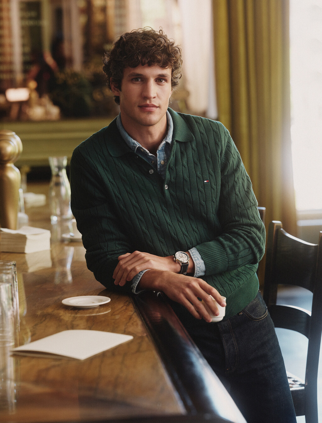 Cable Knit Polo Jumper, Ornamental Green, hi-res