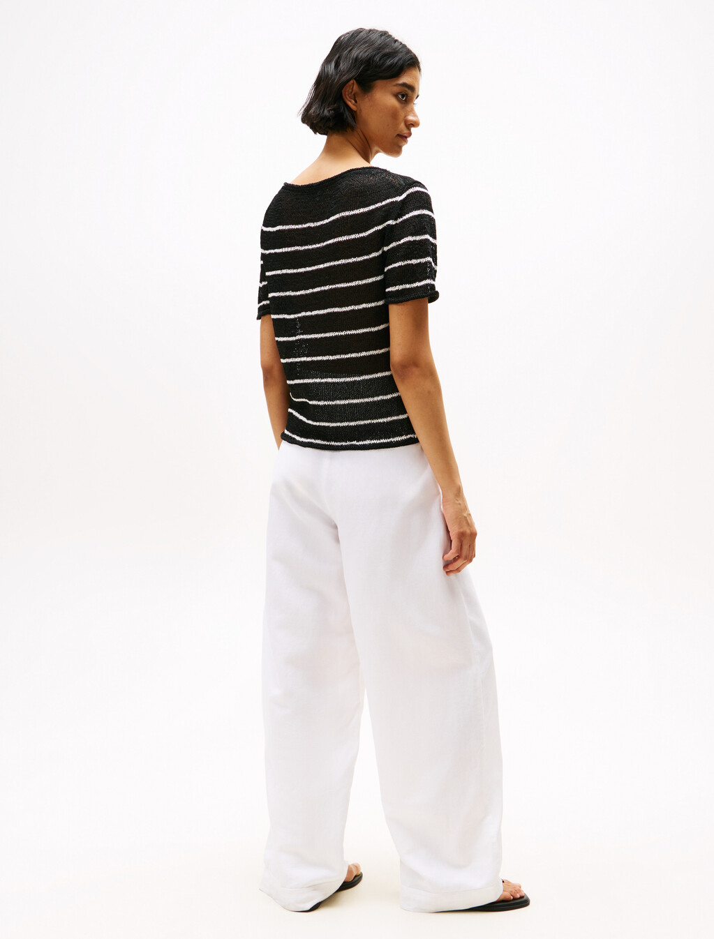 Textured Rayon Boat Neck Sweater, Black Stripe/Ecru, hi-res