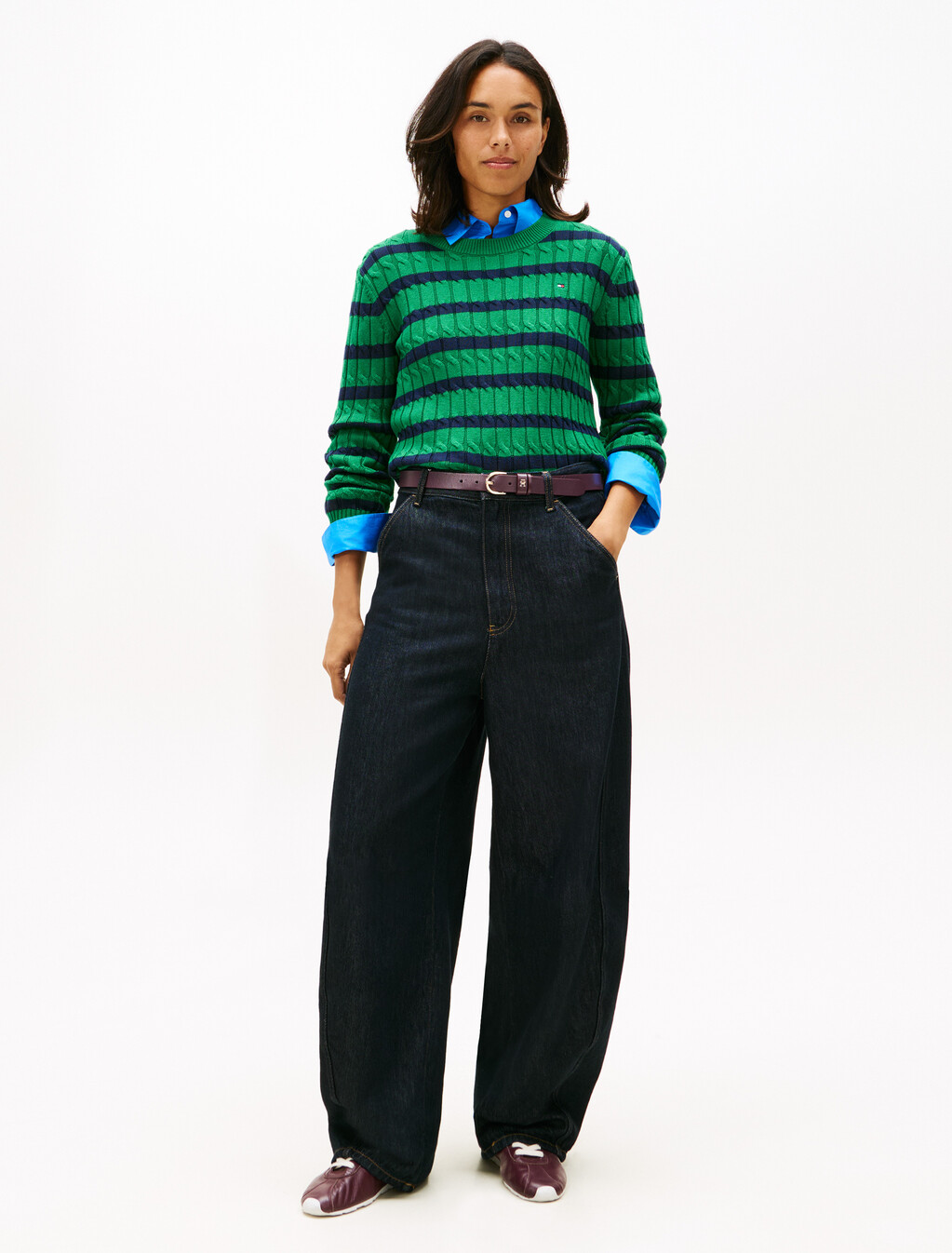 Cable Knit Crew Neck Jumper, Nouveau Green/Navy Breton Stp, hi-res