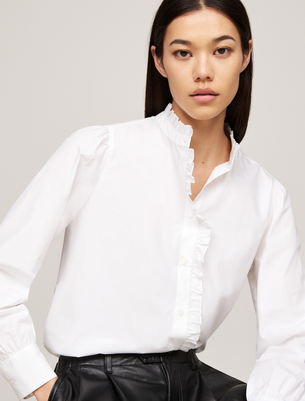 Ruffle Mock Turtleneck Regular Fit Shirt, Th Optic White, hi-res