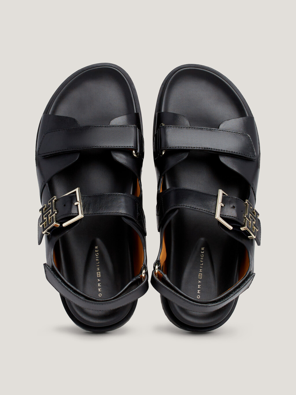 TH Monogram Hook And Loop Leather Sandals, Black, hi-res