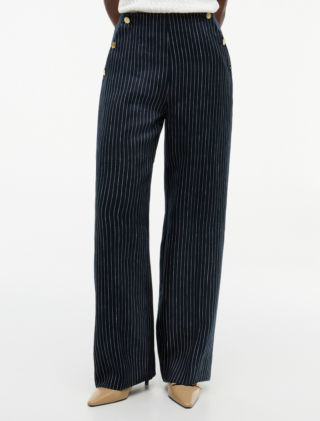 Pinstripe Gold-Tone Button Wide Leg Trousers With Linen, Pin Stripe Navy, hi-res