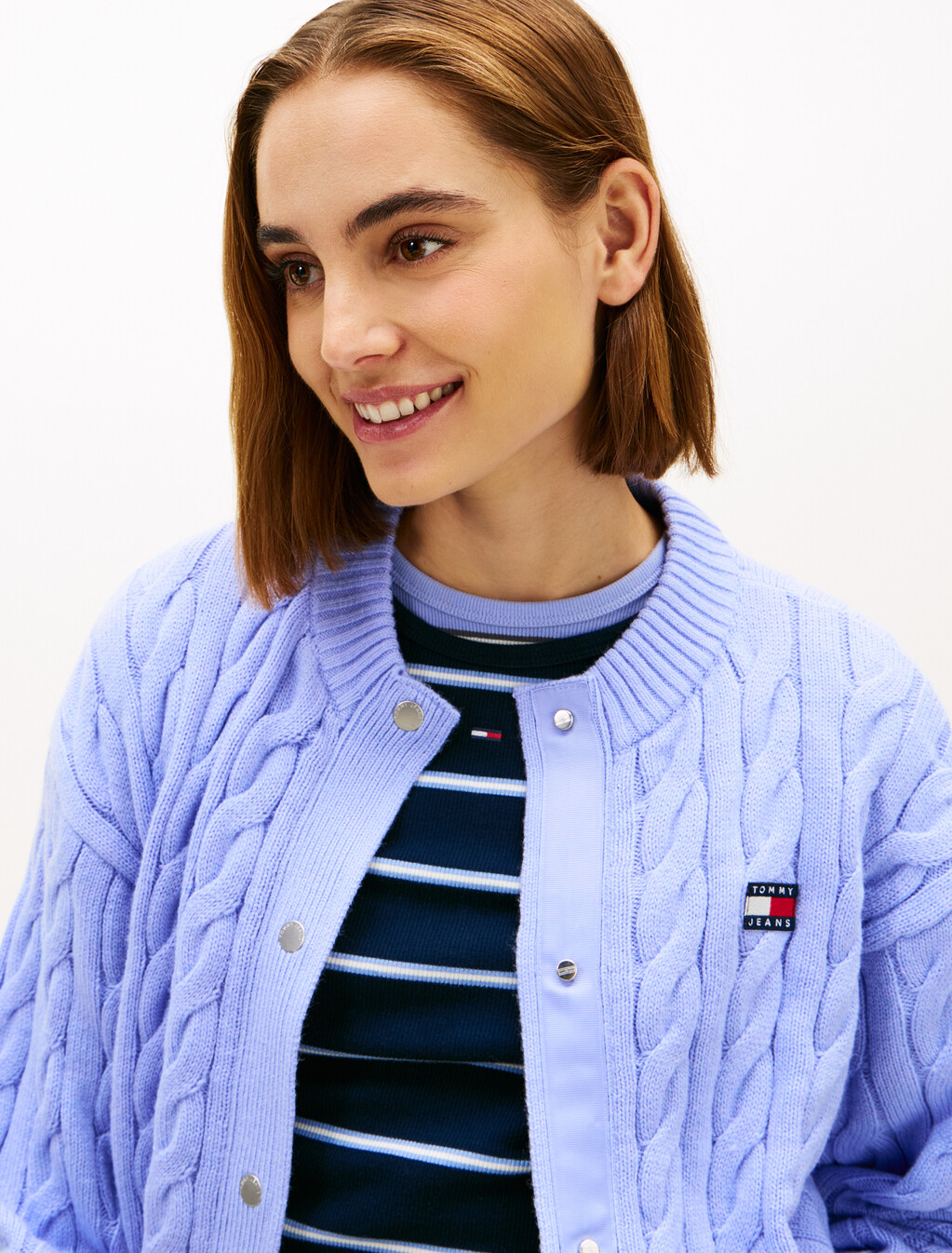 Flag Badge Cable Knit Cardigan, Vintage Iris, hi-res