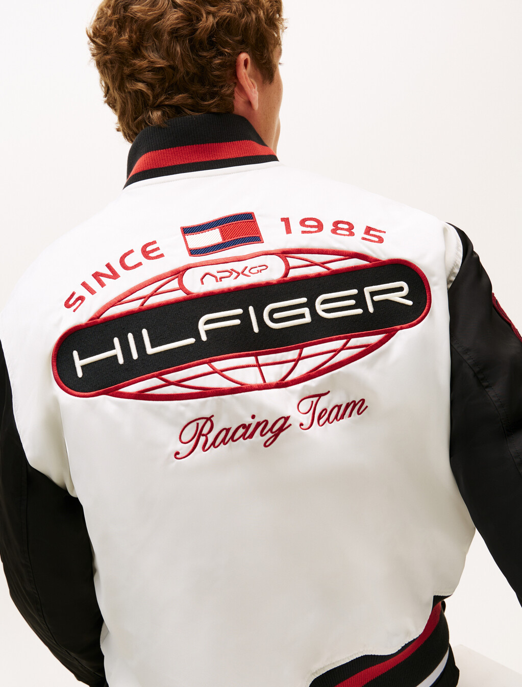 The APXGP Collection Satin Boxy Varsity Jacket, White/Red/Black, hi-res