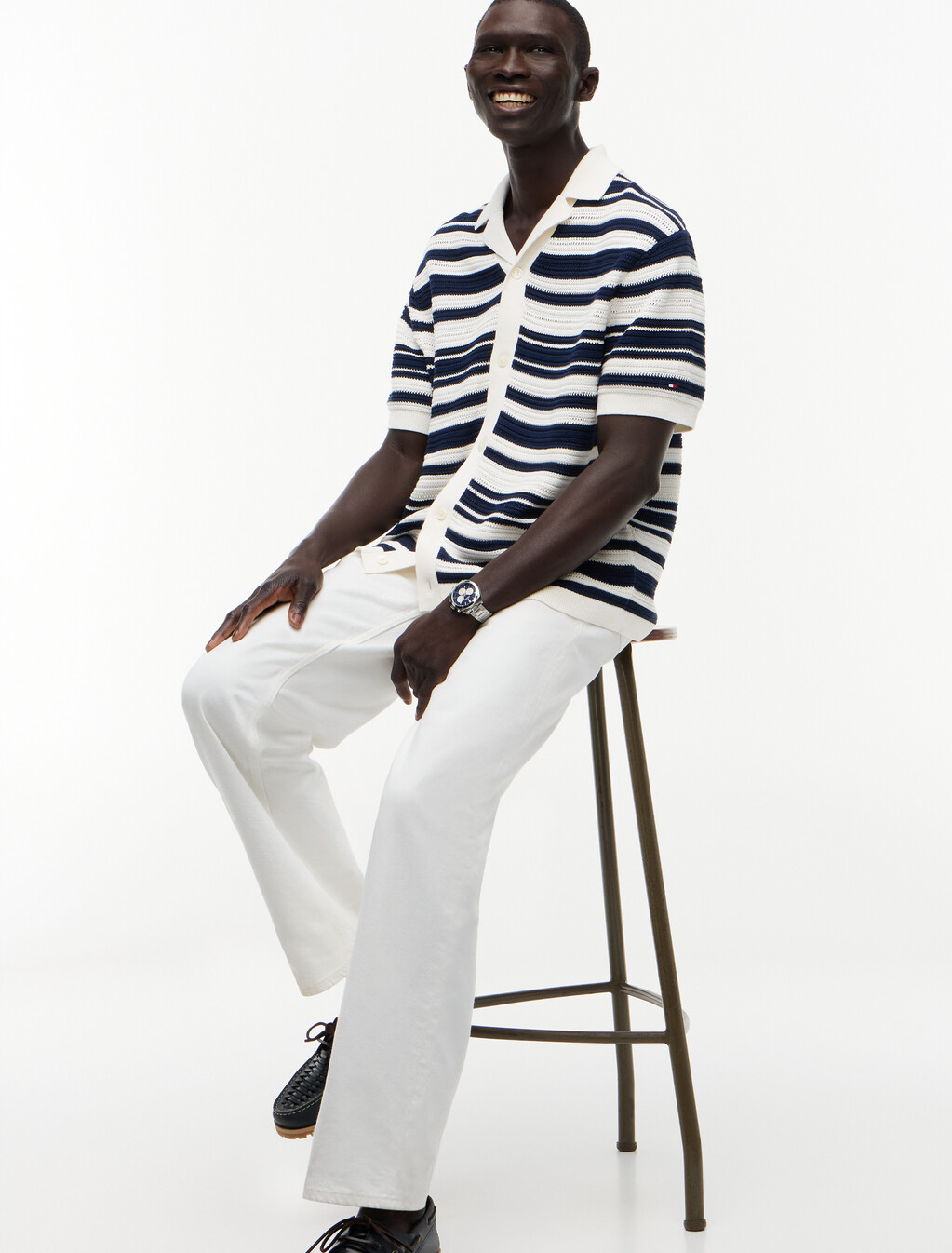 Regular Breton Stripe Short Sleeve Shirt, Ivory Petal/ Carbon Navy, hi-res