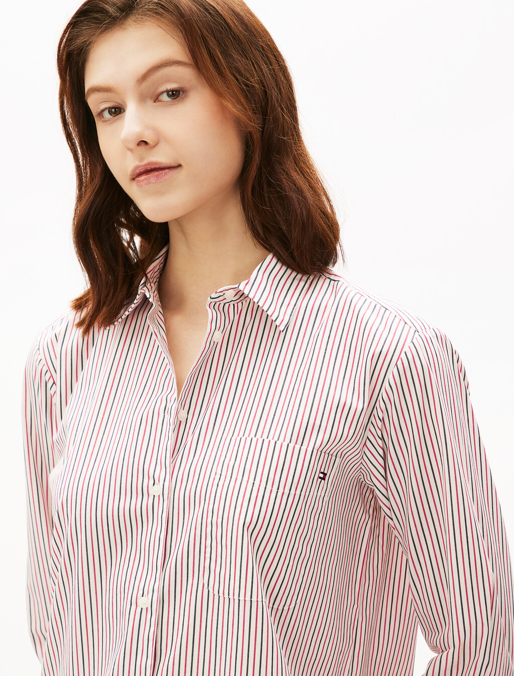 Asia Fit Essential Poplin Shirt, Red White Blue Thin Stp, hi-res