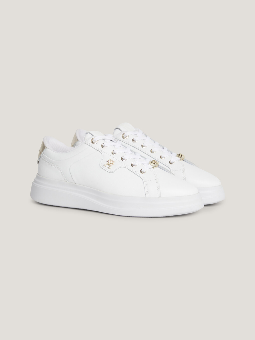 Leather TH Monogram Court Trainers, White/Gold, hi-res