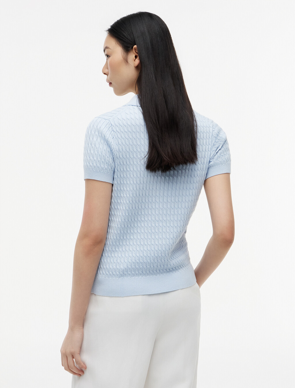 Fine Gauge Cable Knit Polo  Short Sleeve Jumper, Breezy Blue, hi-res