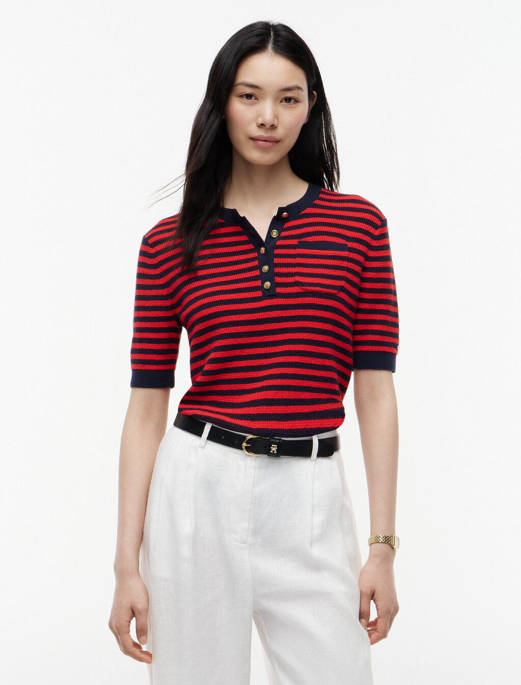 Gold-Tone Button Henley Short Sleeve Jumper, Dark N Navy/Fire Red Stp, hi-res